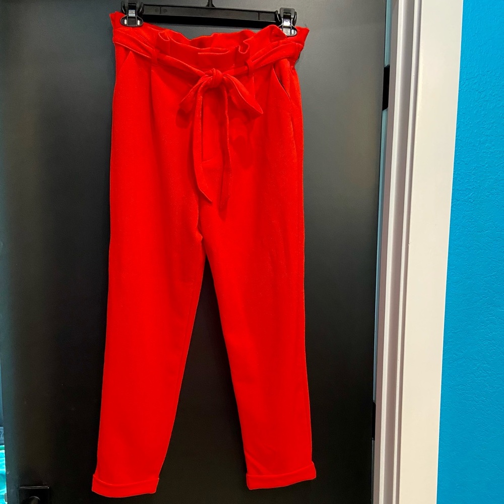 Red paper bag high waisted belted pants size L